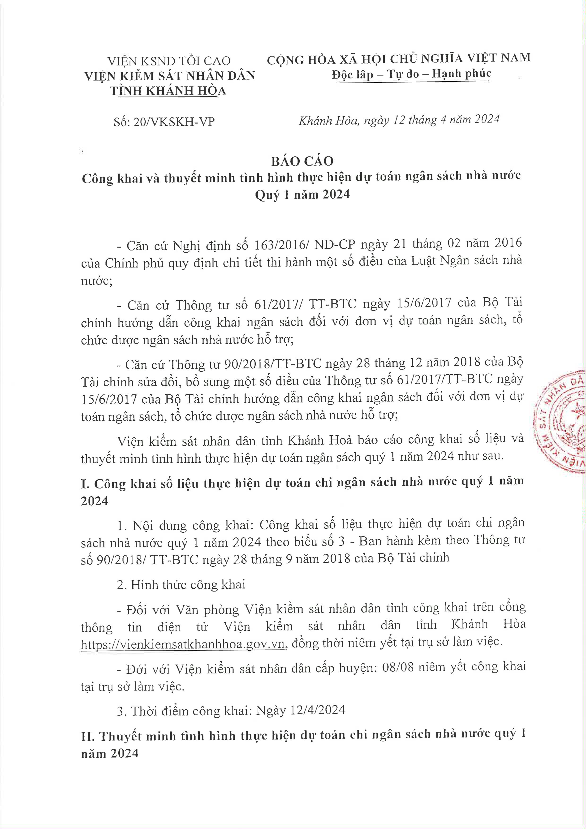 Báo cáo công khai và thuyết minh tình hình thực hiện dự toán ngân sách nhà nước Quý I năm 2024