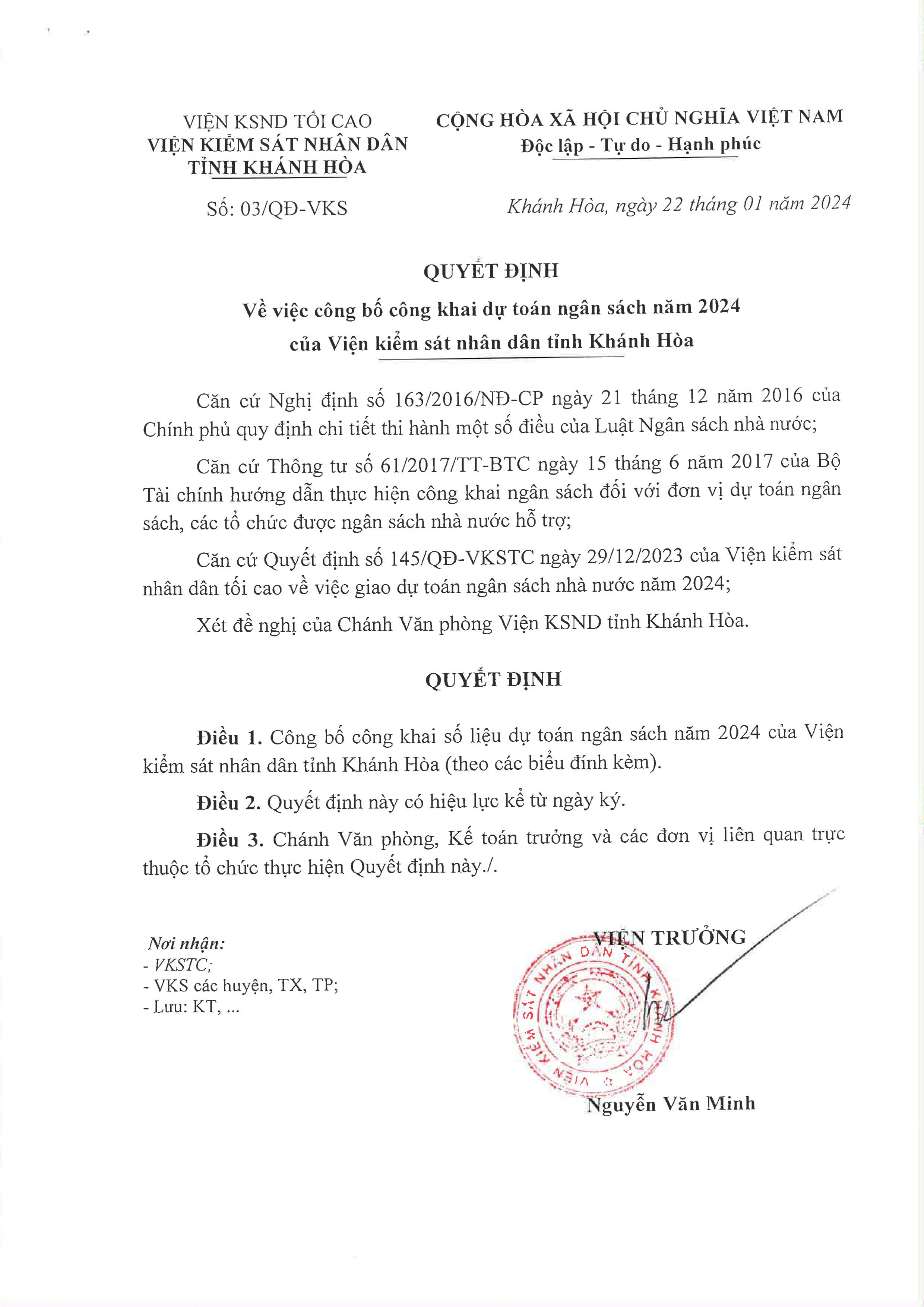Công bố công khai dự toán ngân sách năm 2024 của Viện kiểm sát nhân dân tỉnh Khánh Hòa