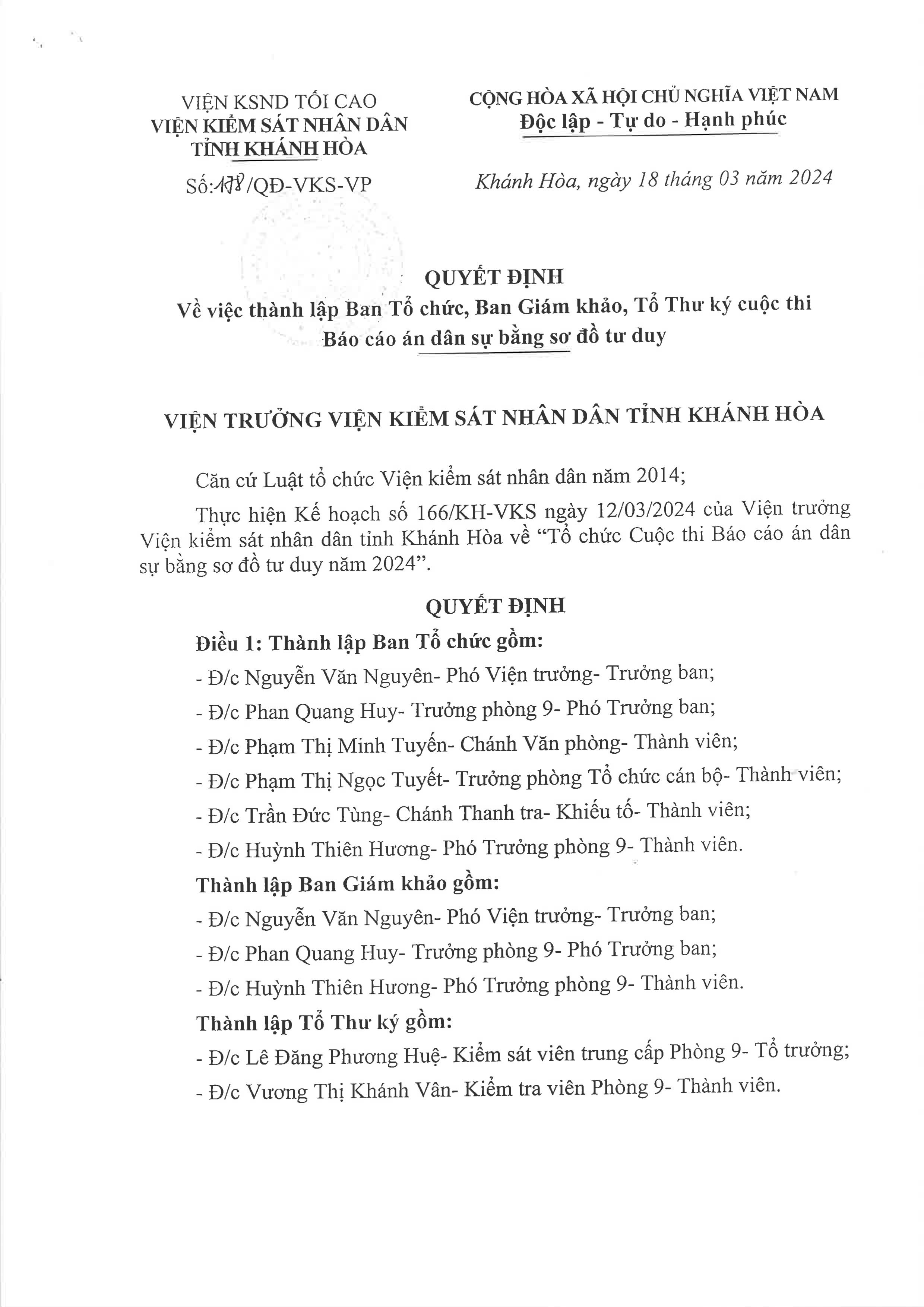 Quyết định thành lập Ban Tổ chức, Ban Giám khảo, Tổ Thư ký Cuộc thi Báo cáo án dân sự bằng sơ đồ tư duy năm 2024