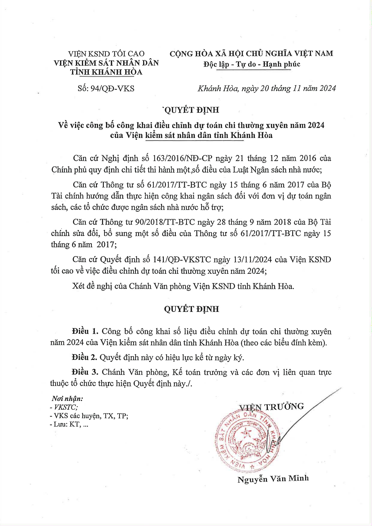Quyết định về việc công bố công khai điều chỉnh dự toán chi thường xuyên năm 2024 của VKSND tỉnh Khánh Hòa