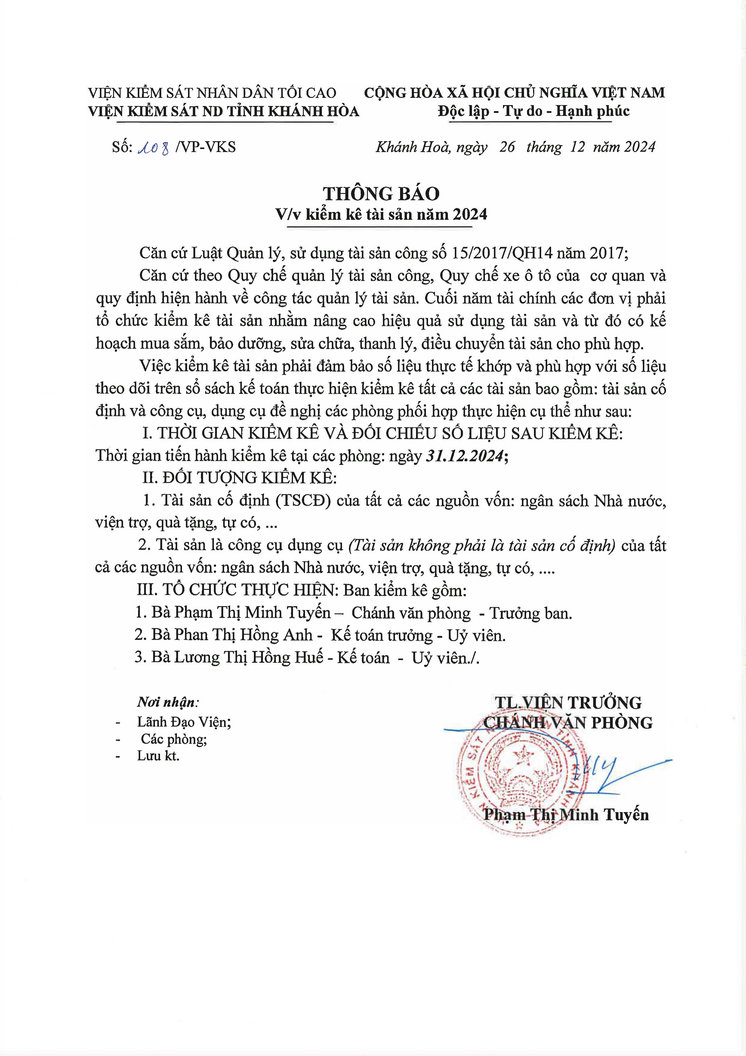 Thông báo kiểm kê tài sản năm 2024