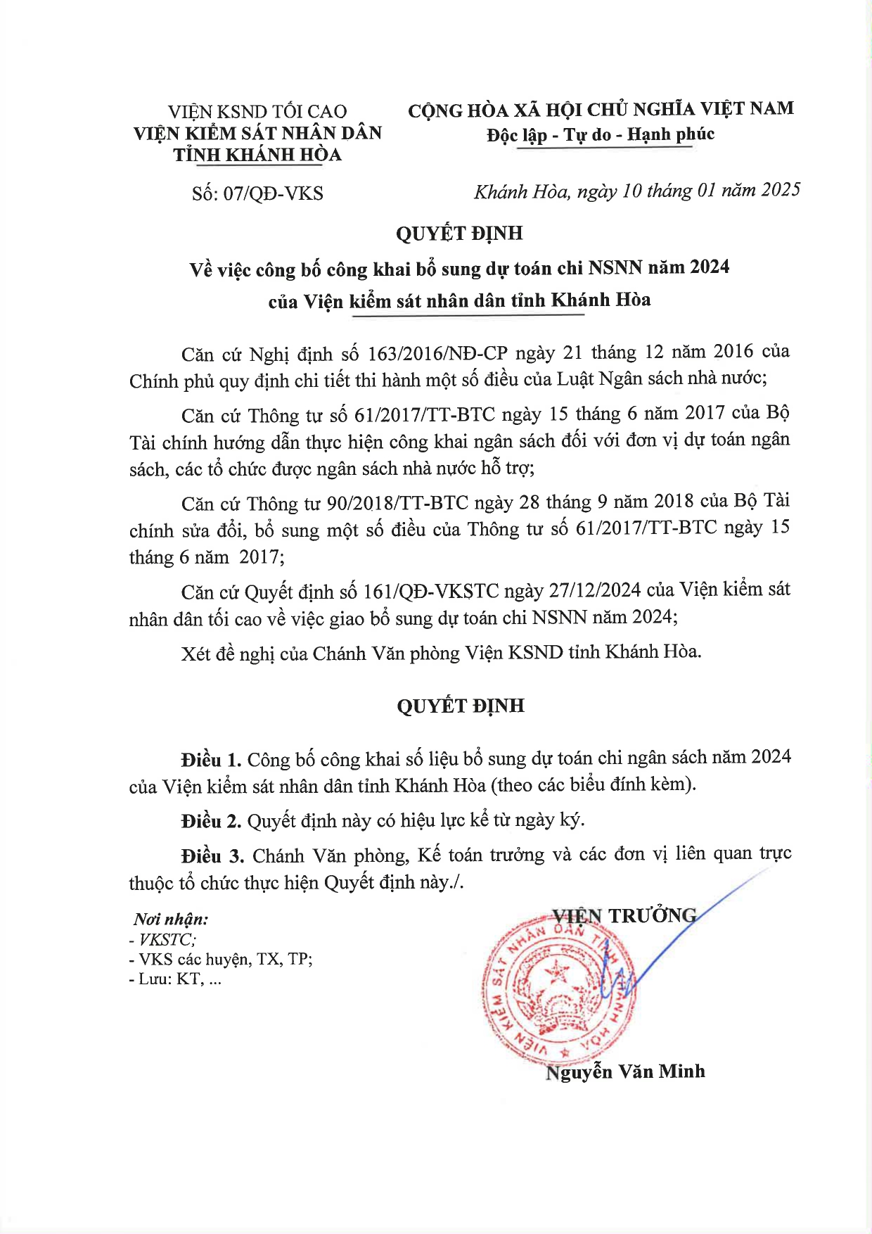 Quyết định về việc công bố công khai bổ sung dự toán chi NSNN năm 2024 của VKSND tỉnh Khánh Hòa