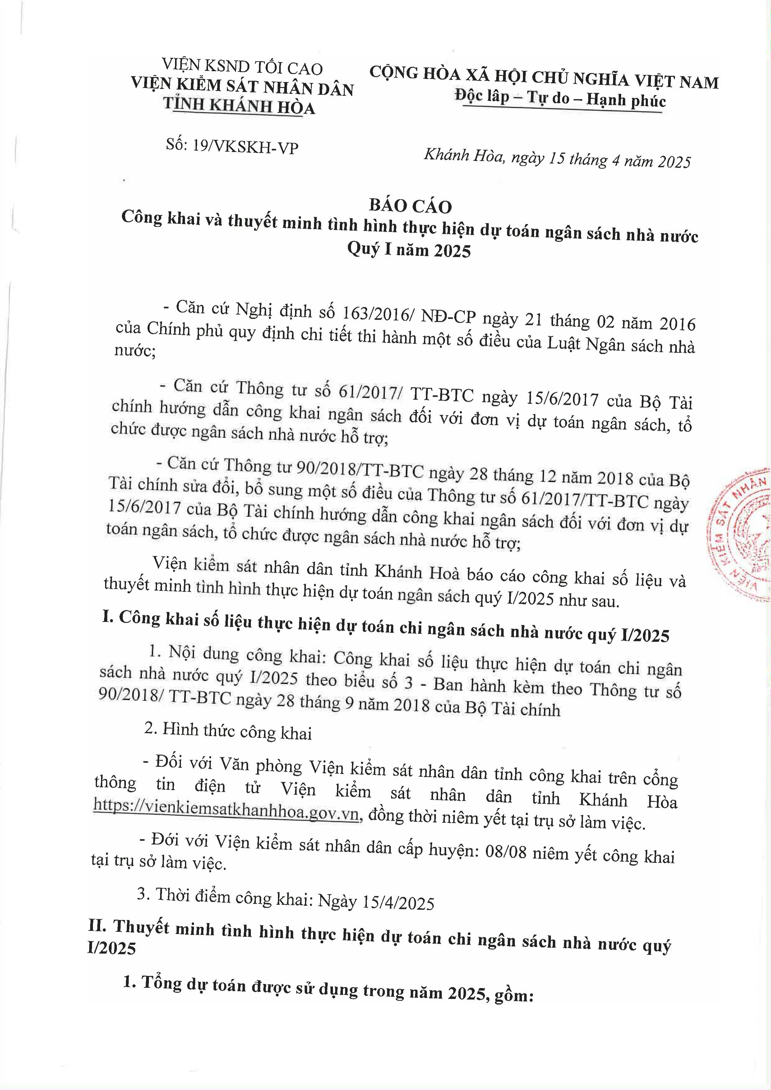 Báo cáo công khai và thuyết minh tình hình thực hiện dự toán ngân sách nhà nước Quý I năm 2025