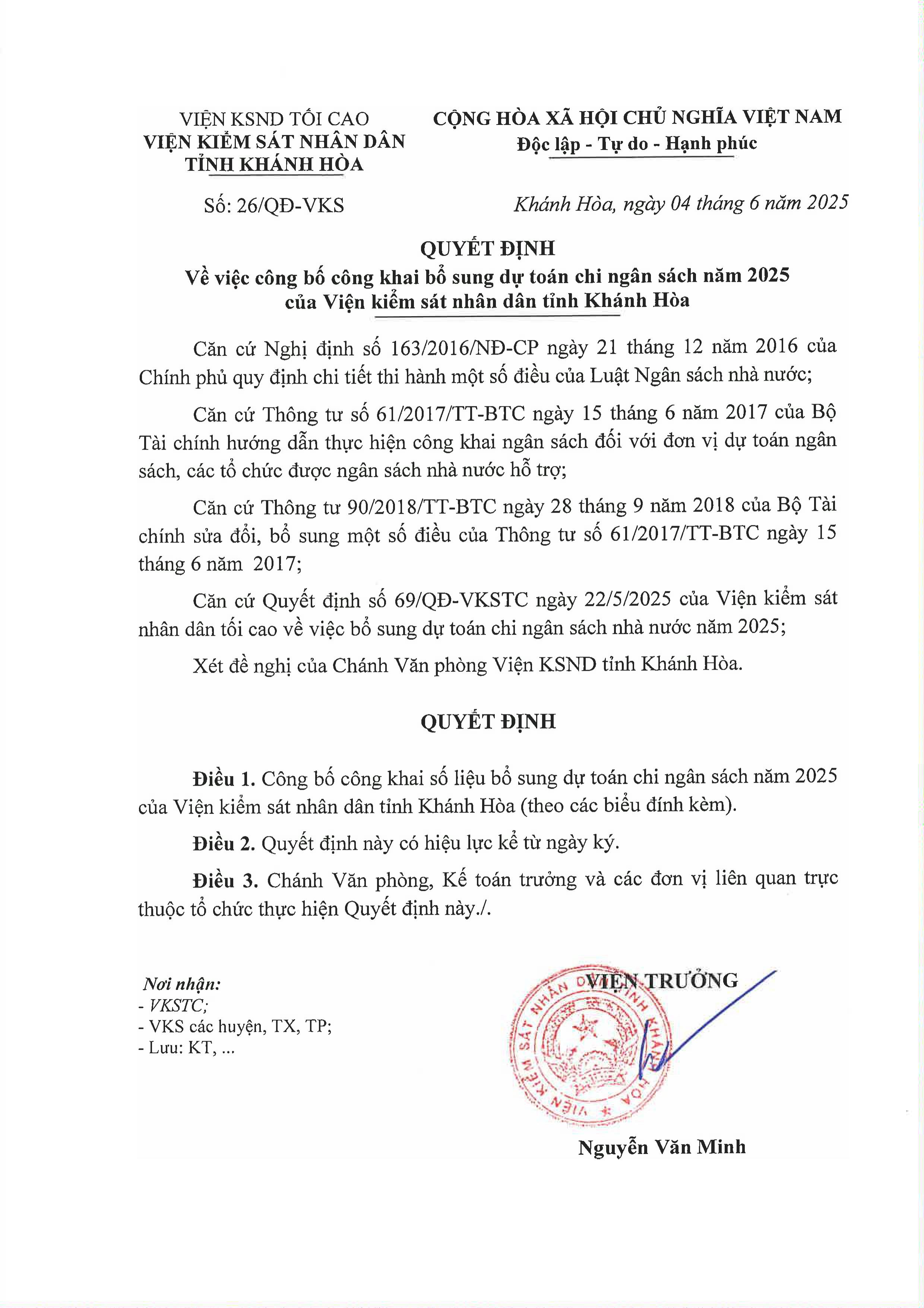 Thông báo về việc công bố công khai bổ sung dự toán chi ngân sách năm 2025 của Viện kiểm sát nhân dân tỉnh Khánh Hòa