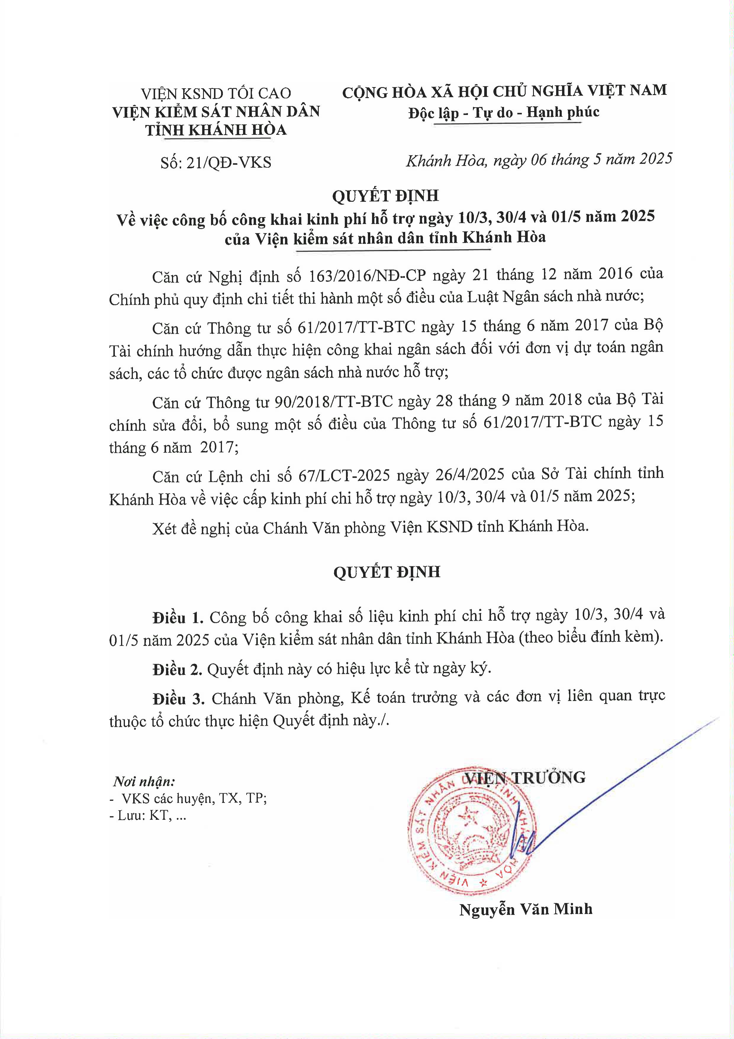 Thông báo về việc công bố công khai kinh phí hỗ trợ ngày 10/3; 30/4 và 01/5 năm 2025 của Viện kiểm sát nhân dân tỉnh Khánh Hòa