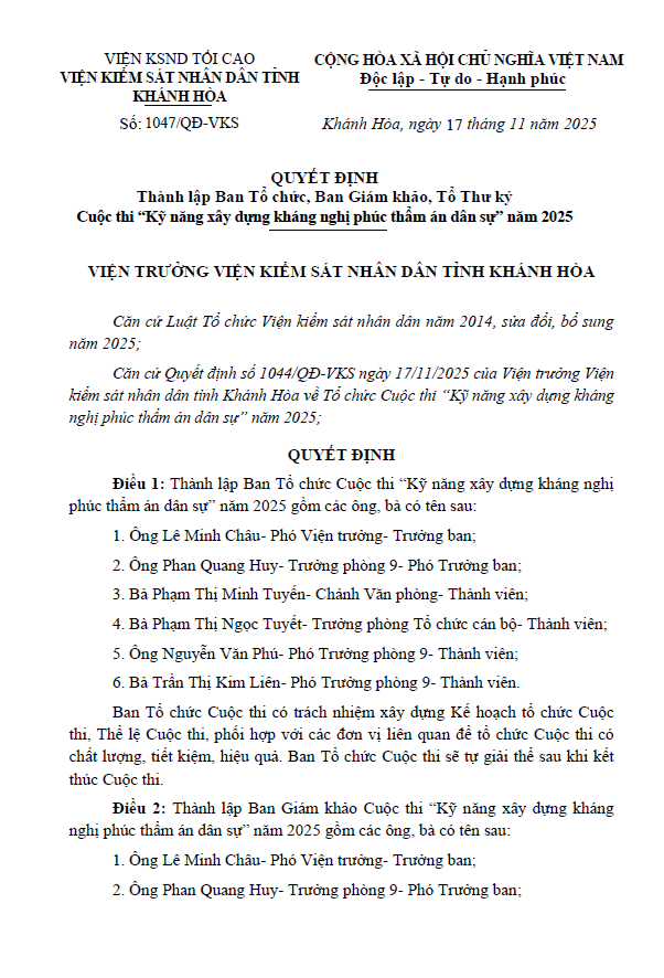 Quyết định Thành lập Ban tổ chức, Ban giám khảo, Tổ thư ký cuộc thi