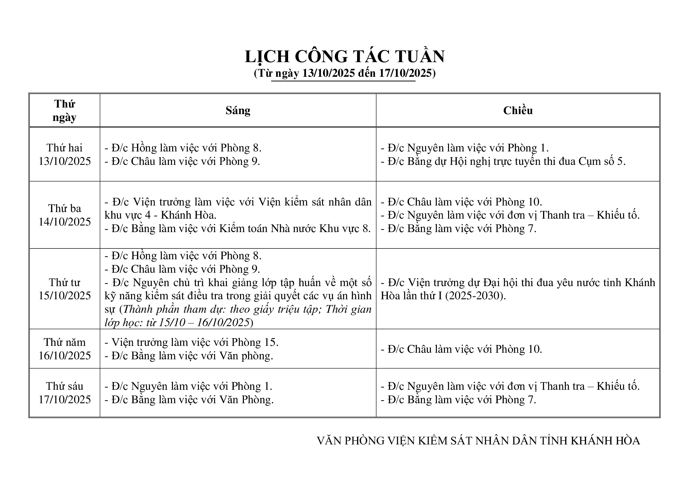 Lịch công tác tuần từ ngày 13/10/2025 đến 17/10/2025