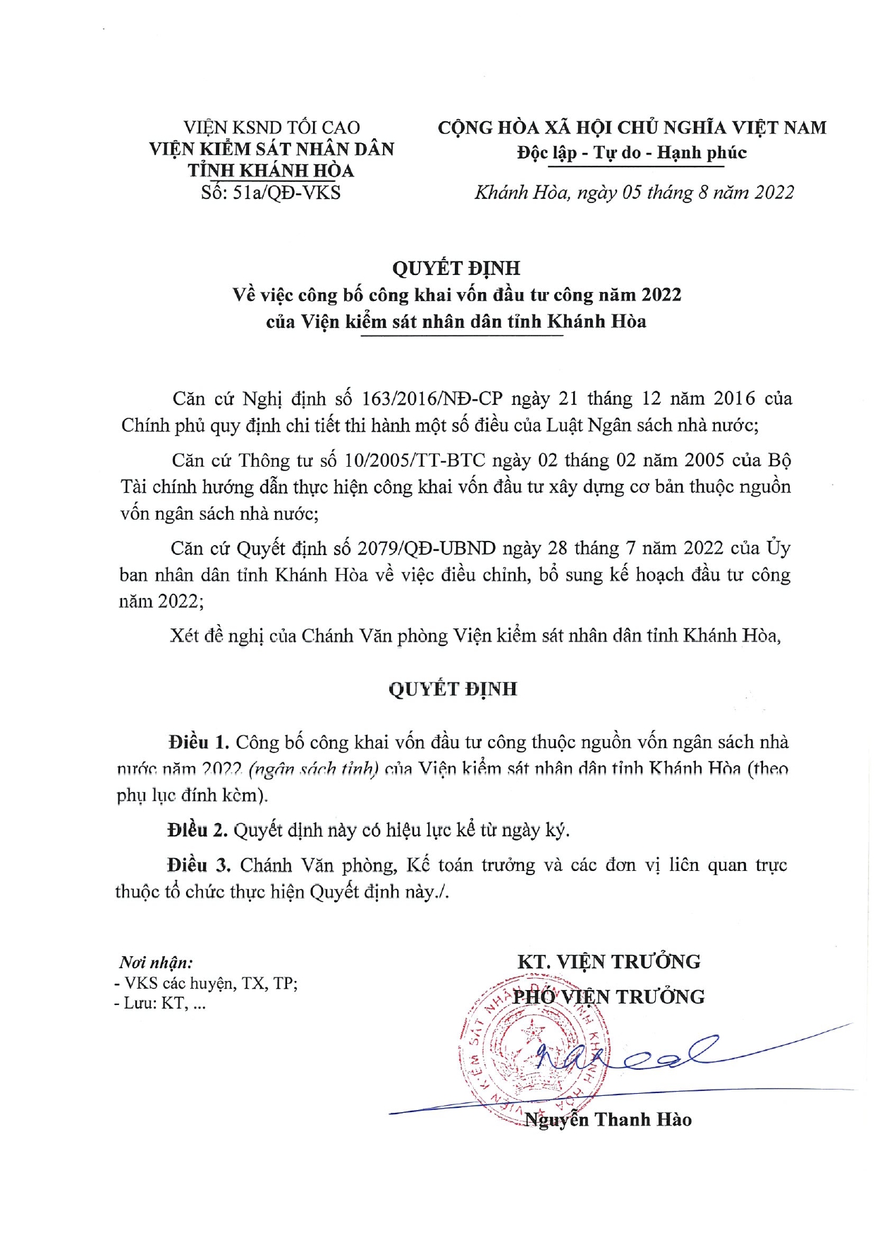 Công bố công khai vốn đầu tư công năm 2022 của Viện kiểm sát nhân dân tỉnh Khánh Hòa