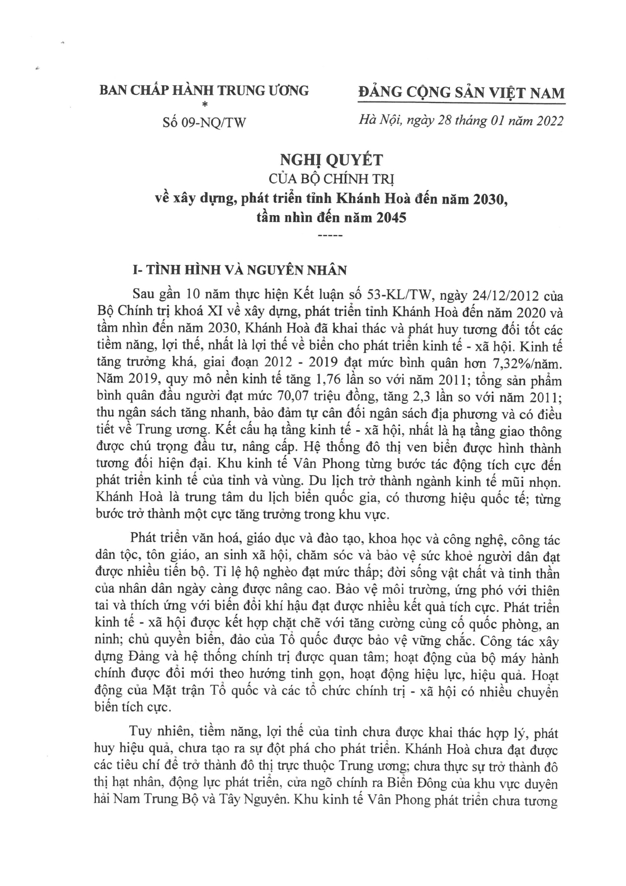 Nghị quyết số 09-NQ/TW ngày 28/01/2022 của Bộ chính trị về xây dựng, phát triển tỉnh Khánh Hòa đến năm 2030, tầm nhìn đến năm 2045