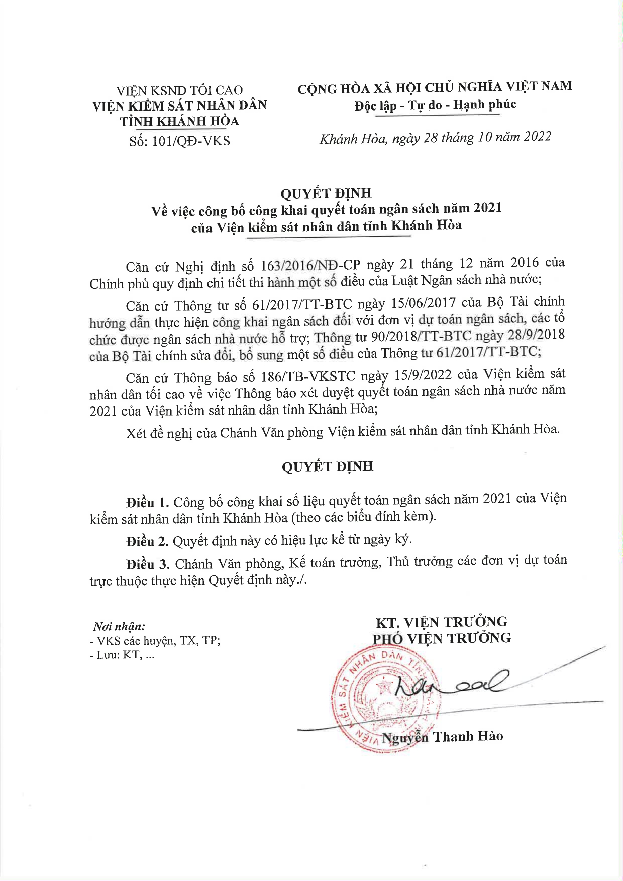 Công bố công khai quyết toán ngân sách năm 2021 của Viện kiểm sát nhân dân tỉnh Khánh Hòa