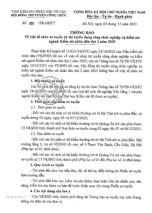 Thông báo về việc sơ tuyển kỳ thi tuyển dụng công chức nghiệp vụ kiểm sát ngành Kiểm sát nhân dân đợt 2 năm 2025