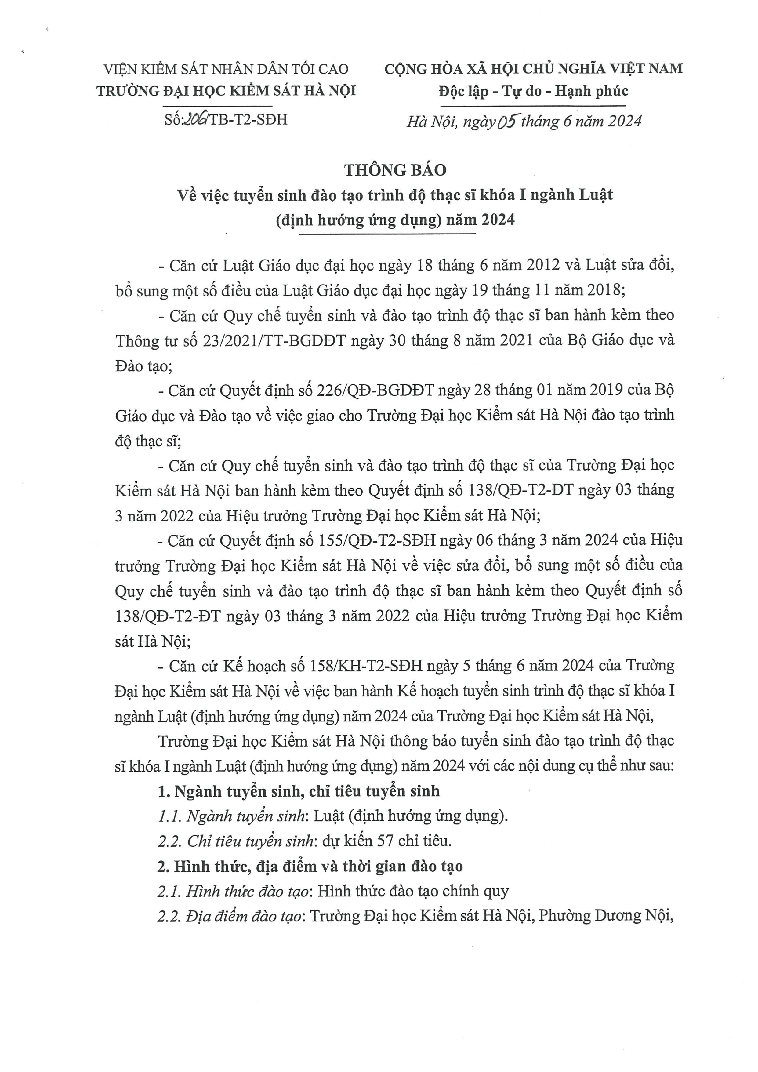Thông báo tuyển sinh đào tạo trình độ thạc sĩ khóa 1 ngành Luật (định hướng ứng dụng) năm 2024