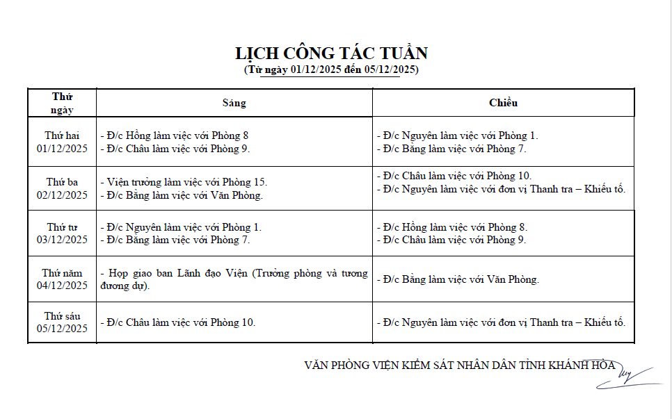 Lịch công tác tuần từ ngày 01/12/2025 đến 05/12/2025