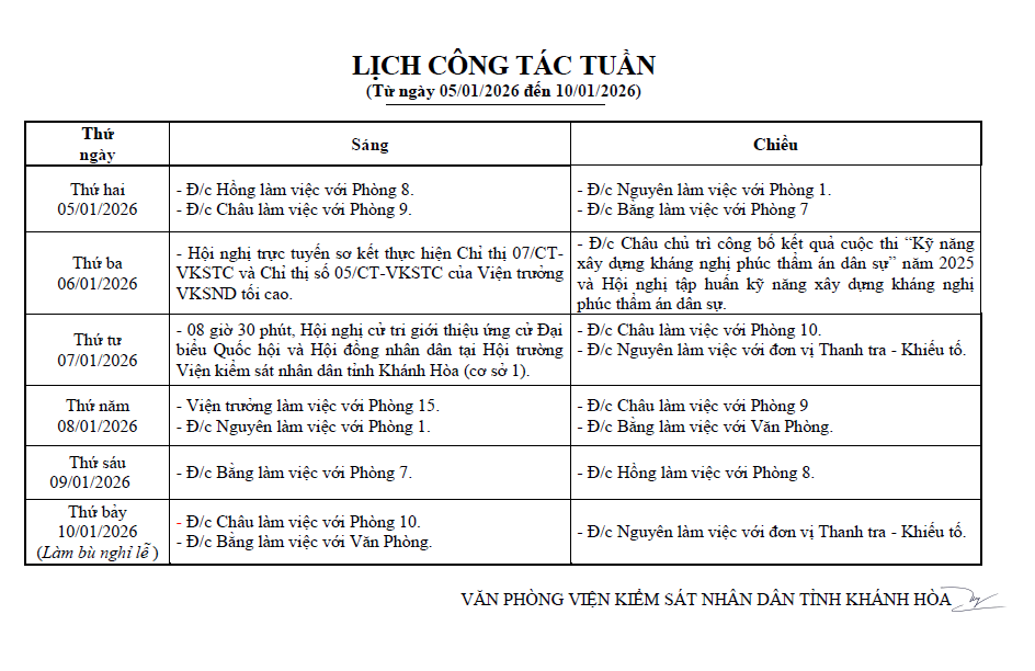 Lịch công tác tuần từ ngày 05/01/2026 đến 09/01/2026