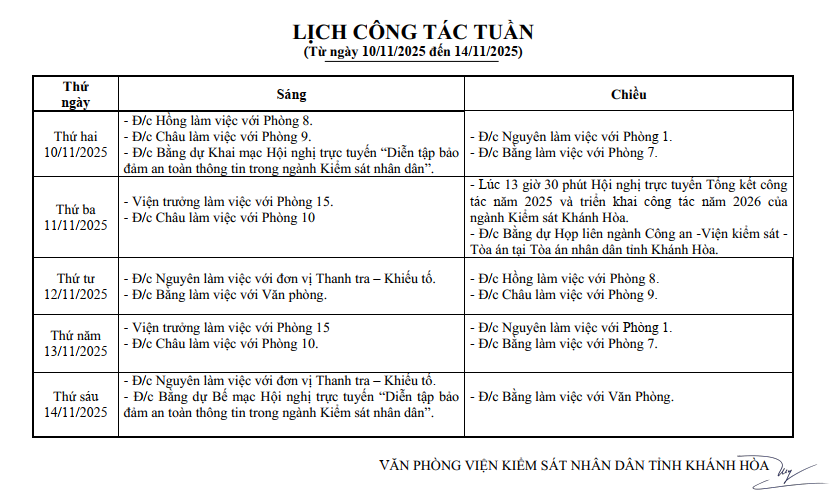 Lịch công tác tuần từ 10/11/2025 đến 14/10/2025