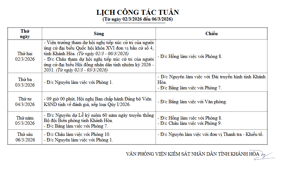 Lịch công tác tuần từ ngày 02/03/2026 đến 06/03/2026