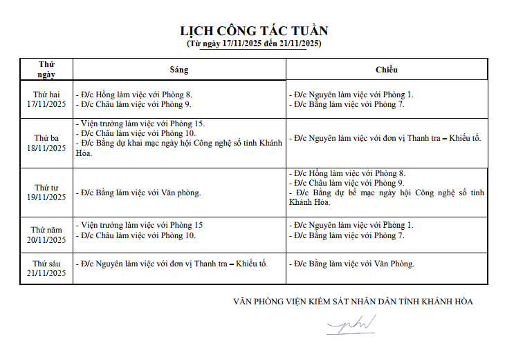 Lịch công tác tuần từ ngày 17/11/2025 đến 21/11/2025