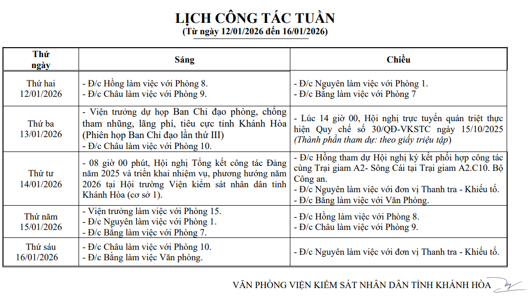 Lịch công tác tuần từ ngày 12/01/2026 đến 16/01/2026